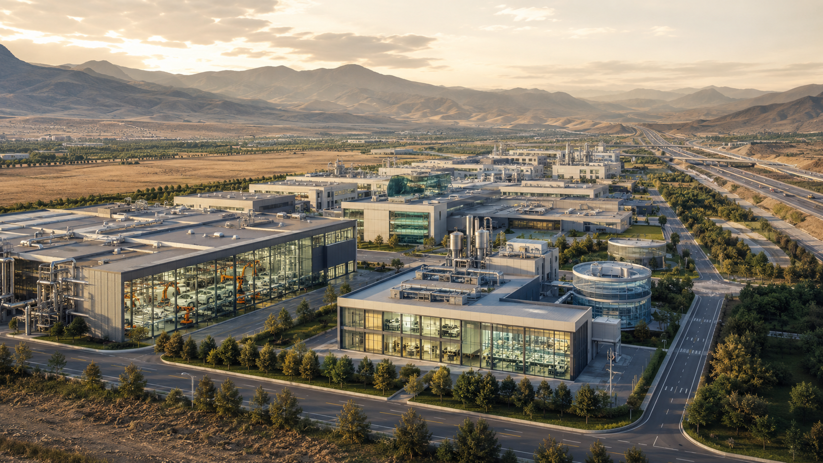 Concept visualization of the advanced industry and biotechnology superzone along the Ghadir corridor